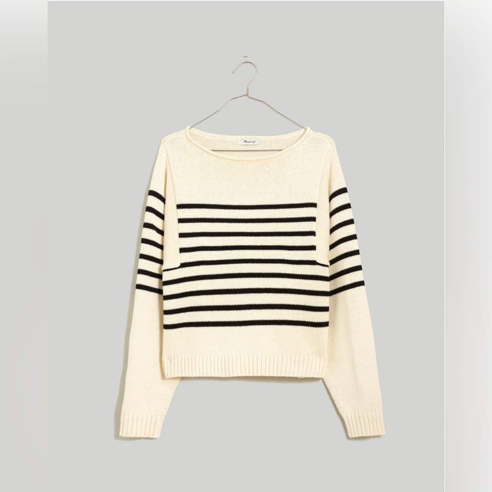 Madewell Rolled-Neck Cream and Black Striped Boatneck Sweater Medium EUC - Picture 6 of 11